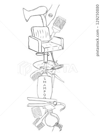 Hairdressing tools Salon seamless vertical border. Vector graphic line ink illustration. Hair salon accessories outline, hair dryer, comb, scissors and abstraction. 129250880