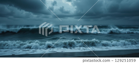 A turbulent ocean with high waves under a cloudy sky 129251059