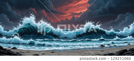 Crashing waves on a beach under a dramatic red sky 129251060