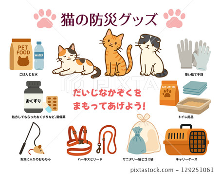 Vector illustration set of cat disaster prevention supplies [brown tabby, Scottish, and calico cat set] 129251061