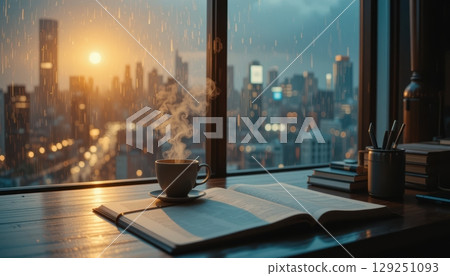 A Steaming Cup of Tea on a Desk with a Sunset View 129251093