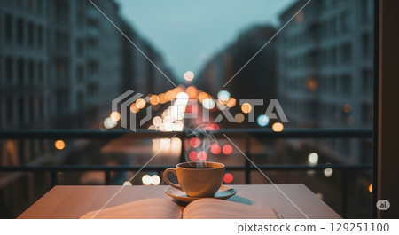 Steaming Coffee and an Open Book on a City Balcony 129251100