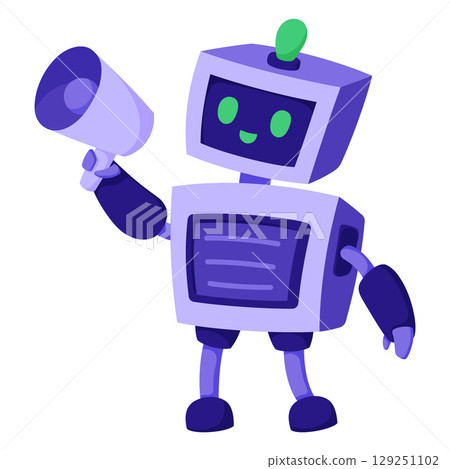 Friendly AI mascot robot with square head and green antenna. Purple android with smiling face, bright green eyes, and holding a megaphone in one hand 129251102