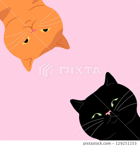 Two cute cats looking down. Curious ginger and black cats background. Vector illustration 129251153