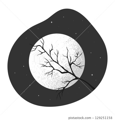 Moon and tree branch in the night sky. Vector illustration. 129251158