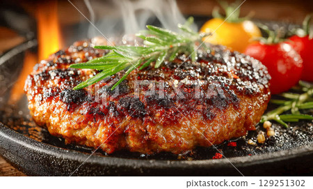 beef steak on a frying pan 129251302