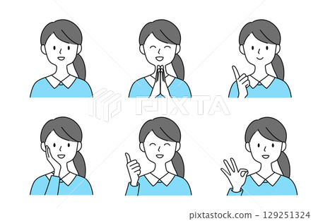 一組綁著馬尾的女人用各種手勢表達正面情緒的插圖 129251324