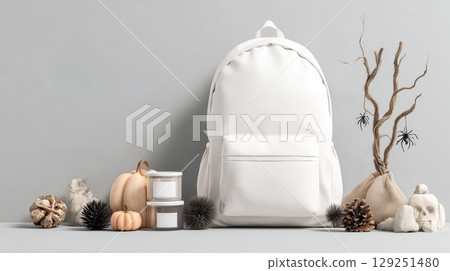 Mockup of white plain backpack in Halloween theme background. Product advertising template in minimal style with copy space for Text. White color tone. 129251480