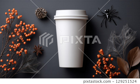 Mockup of white plain coffee cup in Halloween theme background. Product advertising template in minimal style with copy space for Text. Black color tone. 129251524