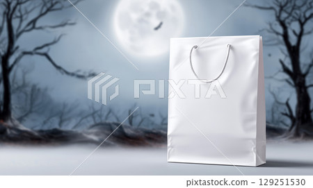 Mockup of white plain shopping bag in Halloween theme background. Product advertising template in minimal style with copy space for Text. Pastel color tone. 129251530