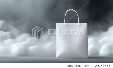 Mockup of white plain shopping bag in Halloween theme background. Product advertising template in minimal style with copy space for Text. Dark color tone. 129251531