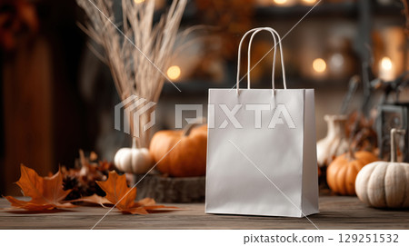 Mockup of white plain shopping bag in Halloween theme background. Product advertising template in minimal style with copy space for Text. Warm color tone. 129251532
