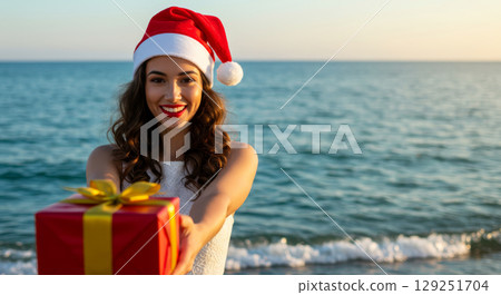 Cheerful woman in a Santa hat on a beach, holding out a gift. Warm tropical Christmas celebration. Cheerful woman in a Santa hat on a beach, holding out a gift. Warm tropical Christmas celebration. 129251704