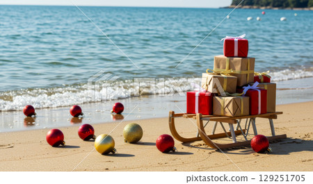 Christmas gifts on a wooden sled and baubles on a sunny beach. Celebrating holidays in a tropical coastal setting. 129251705