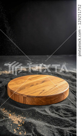 a stand for a product made of wood on a background of black sand 129251752