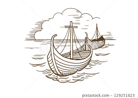 Ancient wooden sailing boats on ocean waves hand drawn sketch of traditional sea vessels, maritime history concept, AI Generative 129251823
