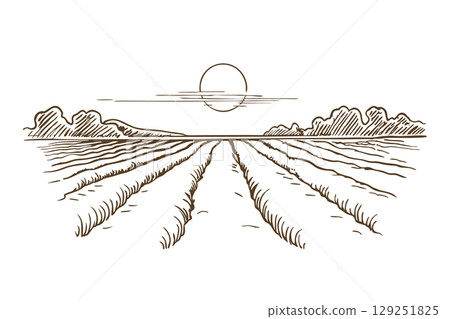 Sunrise over rural agricultural field with furrowed rows and distant mountain horizon, hand drawn sketch illustration, AI Generative 129251825