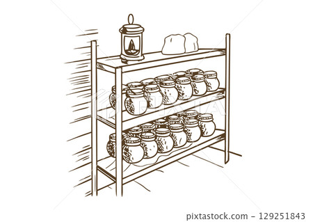Glass jars storage on wooden shelf in pantry rustic kitchen, homemade preserves, food organization, minimal line art, AI Generative 129251843
