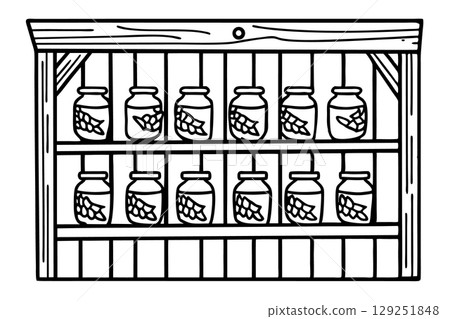 Jar shelf with pickled vegetables pantry storage, preserved food in glass containers for homemade kitchen organization, AI Generative 129251848