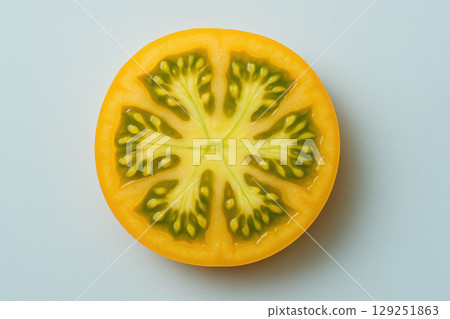 Sliced yellow tomato showcasing vibrant flesh and unique seed pattern on a clean light background, highlighting freshness and detail, AI Generative 129251863