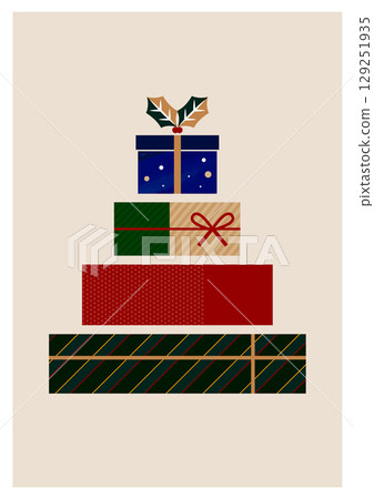 Christmas illustration material. Gift boxes stacked like a Christmas tree. Background material. Christmas illustration material. Gift boxes stacked like a Christmas tree. Background material. 129251935