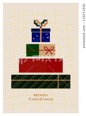 Christmas illustration material. Gift boxes stacked like a Christmas tree. Background material. Christmas illustration material. Gift boxes stacked like a Christmas tree. Background material. 129251936