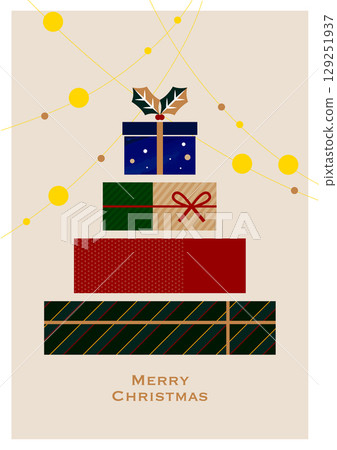 Christmas illustration material. Gift boxes stacked like a Christmas tree. Background material. Christmas illustration material. Gift boxes stacked like a Christmas tree. Background material. 129251937