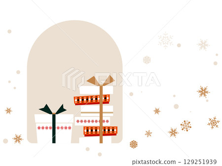 聖誕節插圖素材。窗邊堆滿了雪花和禮盒。 聖誕節插圖素材。窗邊堆滿了雪花和禮盒。 129251939