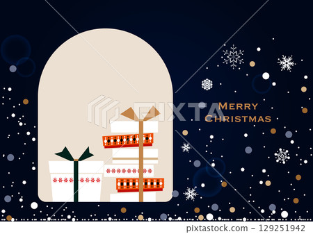 聖誕節插圖素材。窗邊堆滿了雪花和禮盒。 129251942
