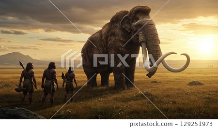 A scene of mammoth hunting in the primitive era 129251973
