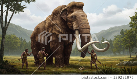 A scene of mammoth hunting in the primitive era 129251975