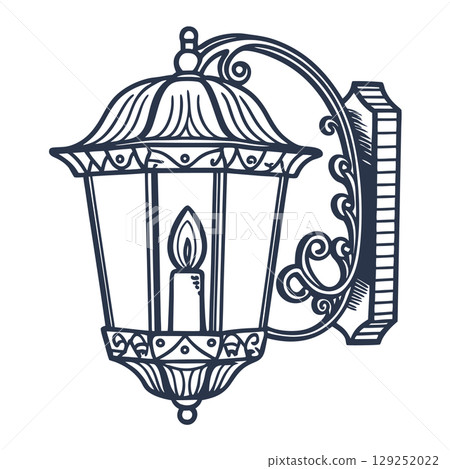 Vintage ornate wall lantern with candle classic outdoor decorative lamp illustration, antique metal sconce design, AI Generative 129252022
