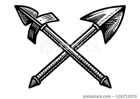 Crossed spears illustration hand drawn ancient weapons, vintage tribal war tools, black and white ink sketch, AI Generative 129252070