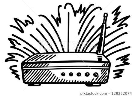 Wireless internet router emitting signal waves hand drawn sketch of wifi device, networking equipment illustration, AI Generative 129252074