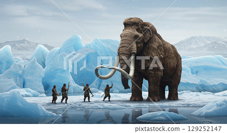 Ice Age mammoth hunting scene 129252147