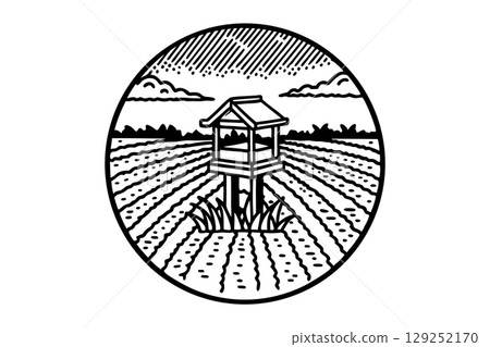 Scarecrow structure in cultivated farmland agricultural landscape with rows, rural scenery, outdoor farming view, AI Generative 129252170