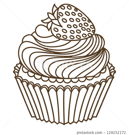 Cupcake with swirled frosting and strawberry on top dessert treat illustration, sweet bakery pastry design, AI Generative 129252172