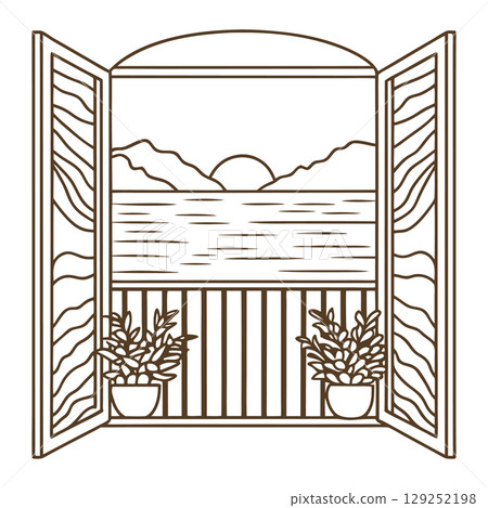 Open balcony window with potted plants, mountain sunrise view over calm water, minimalist line illustration, AI Generative 129252198