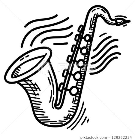 Hand drawn jazz saxophone illustration with musical lines artistic sketch, musical instrument, black and white design, AI Generative 129252234