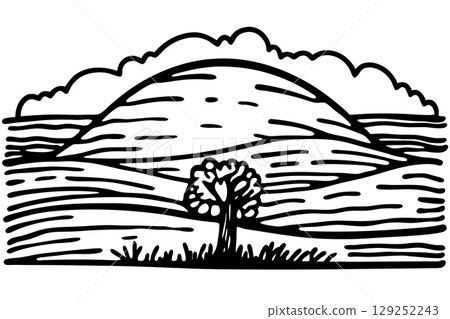 Rolling hills landscape with a single tree minimalist black line art nature illustration, rural countryside scenery, AI Generative 129252243
