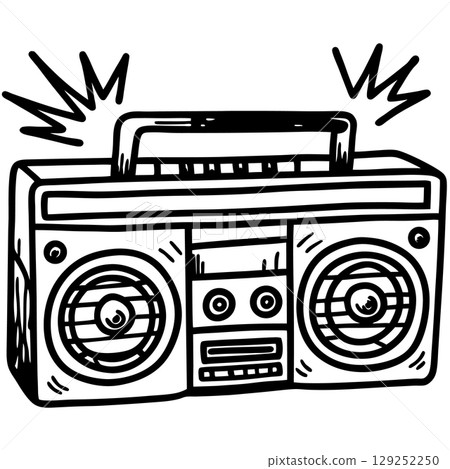 Retro boombox with cassette player and dual speakers vintage portable music device, hand drawn illustration, audio equipment, AI Generative 129252250