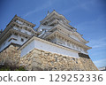 The castle tower of Himeji Castle seen from below. The White Heron Castle stands out against the blue sky. 129252336