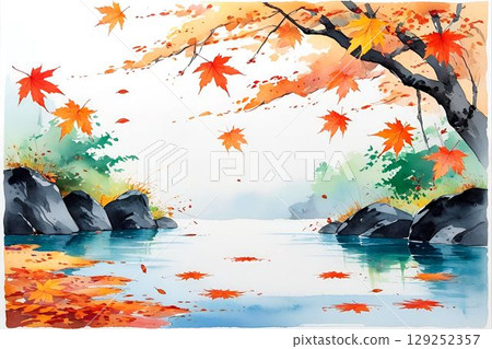 秋葉和岩石漂浮在水面上的插圖 - 平靜的秋日風景 129252357