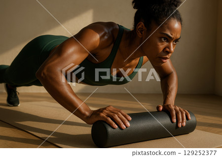 Focused athletic woman performing intense plank exercise on yoga mat using foam roller for core and upper body muscle strength, AI Generative Focused athletic woman performing intense plank exercise on yoga mat using foam roller for core and upper body muscle strength, AI Generative 129252377