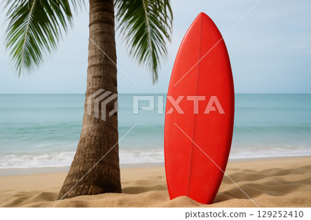 Bright red surfboard standing upright in golden sand beside palm tree overlooking calm turquoise sea on a tropical beach morning, AI Generative 129252410