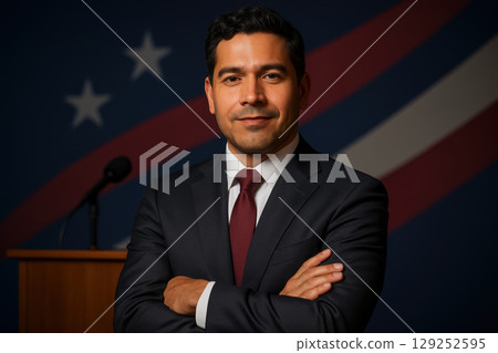 Confident businessman in formal suit standing with arms crossed in front of patriotic backdrop and podium in office setting, AI Generative 129252595