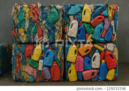 Bales of compressed colorful plastic containers and bottles arranged for recycling against an industrial gray background, AI Generative 129252596