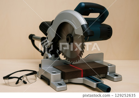Electric circular saw with laser guide cutting wooden plank on workbench, protective safety glasses placed alongside, AI Generative 129252635