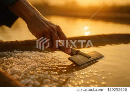 Hand harvesting natural sea salt crystals at sunrise over shallow water with wooden tool, close up of traditional extraction process, AI Generative 129252636