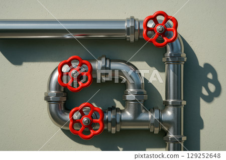 Shiny metal plumbing pipes with red valve handles mounted on a light wall forming an angular industrial water control system, AI Generative 129252648